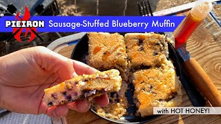 Pieiron sausagestuffed blueberry muffin with HOT HONEY  a sweet and spicy campfire breakfast combo [upl. by Ysnat]