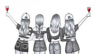 How to draw a Four Friend Pencil sketch  Step by Step drawing  Girls Friendship  Easy drawing [upl. by Ilram]