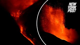 Italy’s majestic Mount Etna erupts in fiery display as lava spews from crater over Sicily [upl. by Leahciam201]