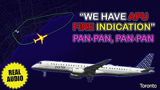 PANPAN APU FIRE indication after takeoff Porter Embraer E195E2 returns to Toronto Real ATC [upl. by Simonette777]