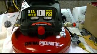 Harbor Freight  Central Pneumatic 3 Gallon Oilless Pancake Style Air Compressor Review [upl. by Calli]