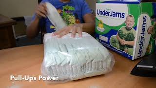 Pampers UnderJams LXL Bedwetting Diapers for Boys package opening [upl. by Nosak174]