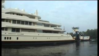 Superyacht leaving shipyard Roman Abramovich Ecstasea with tugboots prepare for seatrials [upl. by Ailbert]