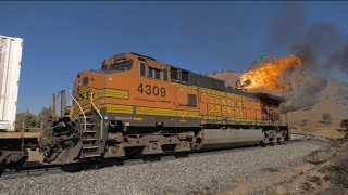 TRAIN ON FIRE BNSF RAILWAY DPU catches fire in Tehachapi Full Video with footage of firefight [upl. by Ignazio869]