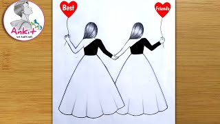 Best friend ❤pencil sketch  step by step very easyhow to draw friendship day drawing bff drawing [upl. by Viole]