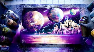 Intergalactic City SPRAY PAINT ART by Skech [upl. by Sidnal]