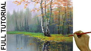 Acrylic Landscape Painting TUTORIAL  Birch Tree in Misty Forest  JMLisondra [upl. by Acir]