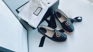 GUCCI BLACK LEATHER ESPADRILLE WITH DOUBLE G REVIEW AND UNBOXING Gucci Espadrille DoubleG [upl. by Marlow]