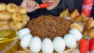 ASMR EATING SPICY BLACK BEAN NOODLESPANIPURISAMOSAEGGS  EATING SHOW FOOD VIDEOS [upl. by Suiluj]