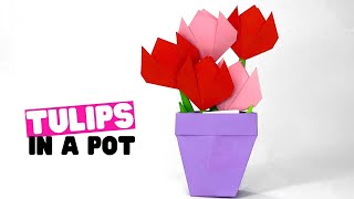 How to make easy origami TULIP in a POT paper tulip [upl. by Pulchi]