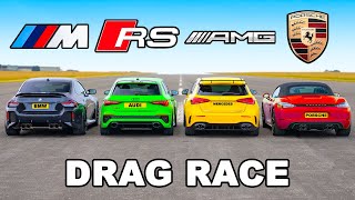 Audi RS3 v AMG A45 v BMW M2 v Porsche Cayman GTS v VW Golf R DRAG RACE [upl. by Imij975]