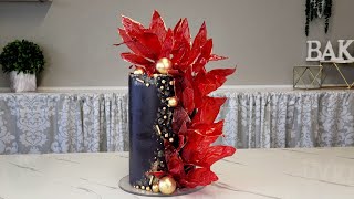 Stunning Tall Modern Abstract Cake  Bold Red Rice Paper Petal Cascade  Cake Decorating Tutorial [upl. by Hajile664]