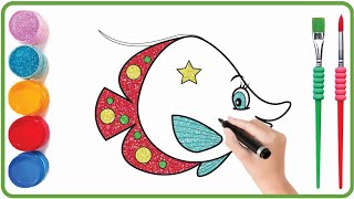 Learn How to Drawing and Coloring a cute fish Step by Step  Glitter Painting and Coloring for kids [upl. by Bradman]