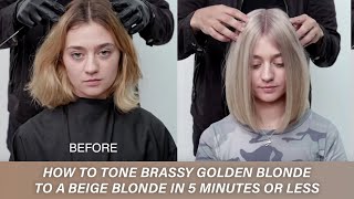 How to tone brassy golden blonde to a beige blonde in 5 minutes or less  Kenra Color [upl. by Fredie]