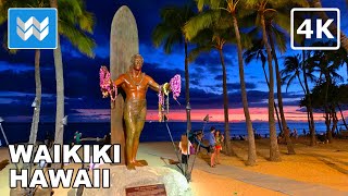 4K Waikiki Beach at Night in Honolulu Hawaii USA Walking Tour amp Travel Vacation Guide Kalakaua [upl. by Semadar]