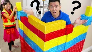 Emma Pretend Play BUILDING Colored Cup CHALLENGE w Cardboard BLOCKS Kids Toys [upl. by Lihas]