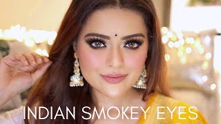 INDIAN SMOKEY EYES WITH GLOSSY SKIN TUTORIAL  FESTIVE amp WEDDING GUEST MAKEUP  SMOKEY GLAM [upl. by Tomkiel]