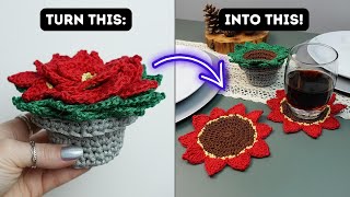 Crochet Poinsettia Pot that Turns into Coasters  Brunaticality Crochet [upl. by Ognimod]