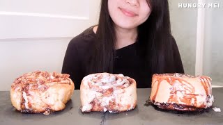 MUKBANG CINNAMON ROLLS  CREAM CHEESE CHOCOLATE CARAMEL PECAN FROSTING  CINNABON [upl. by Eseenaj]