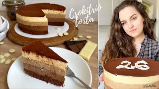 CSOKITRIÓ 🍫🤍🤎  Triplacsokis Mousse torta  BebePiskóta [upl. by Ayram]