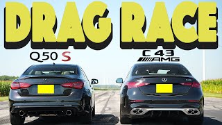 New Mercedes C43 AMG vs Infiniti Q50 RedSport no replacement for displacement Drag amp Roll Race [upl. by Haase]