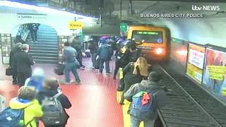 Woman saved after she is pushed onto train tracks by fainting passenger in freak accident  ITV News [upl. by Sire]