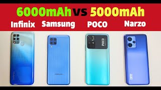 Infinix Hot 12 vs Samsung F22 vs Poco M4 Pro 5G vs Narzo 50 Pro 5G  Battery Drain Test [upl. by Nobe276]