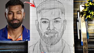 How to draw Hardik Pandya Outline Tutorial drawing with grid T20 world champion trophy [upl. by Bridgid]