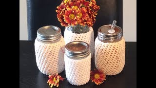 MASON JAR KOOZIE  DIY CROCHET FOR LEFTIES Easy to adapt for right handers [upl. by Rukna]