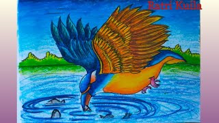 kingfisher bird drawing how to draw kingfisher scenery step by step  machranga scenery drawing [upl. by Oilime935]