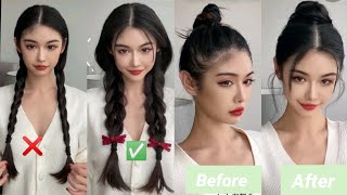 Before amp After Double BraidTop Bun Hairstyle TutorialsEuropeKorean Style for Girls [upl. by Grory]