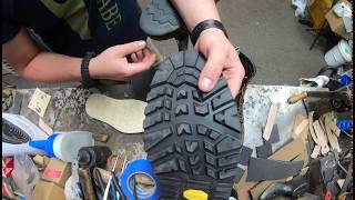 Thorogood Boots getting a new Vibram Sierra Soles over top of Vibram Cristy Sole for new traction [upl. by Sidonie]