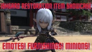 FFXIV  Ishgard Restoration Item Showcase  Furnishing Parasols Emotes Barding and Minions [upl. by Hsaka]