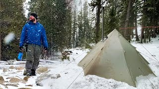 Hot Tent Camping in a Snow Storm  Wood Stove Beef Stroganoff [upl. by Ase]