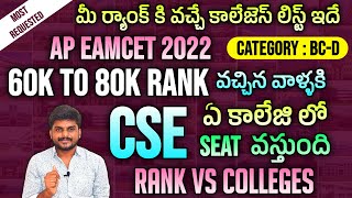 Ap Eamcet 2022  60K To 80K Rank వచ్చిన వాళ్ళకి ఏ కాలేజీలో Seat వస్తుంది   Ap Eapcet Counseling [upl. by Ackler598]