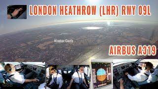 London Heathrow LHR  Pilots  cockpit view of early morning Airbus approach  landing runway 09L [upl. by Ttezil]