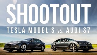 Shootout Tesla Model S vs Audi S7 for hightech performance [upl. by Oca]