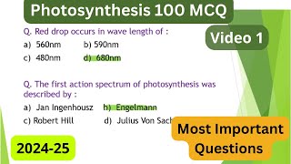 Photosynthesis MCQ Part 1  Plant Physiology MCQ for all Competitive ExamsClass 11 Biology MCQ [upl. by Yregram]