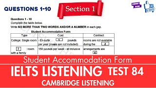 Practice IELTS Listening  Test 84 Student Accommodation Form  Cambridge Listening  Practice Now [upl. by Annauqaj]