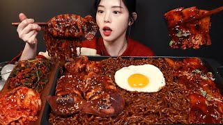 SUB꾸덕촉촉 짜파게티에 매운 마라오징어 팽이버섯 넣어서 먹방 파김치 겉절이까지 짜장라면 꿀조합 리얼사운드 Mala Chapagetti Mukbang Asmr [upl. by Niroc]