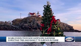 Scuba divers from New Hampshire submerge Christmas tree and raise it to surface off Maine [upl. by Neelrahc]