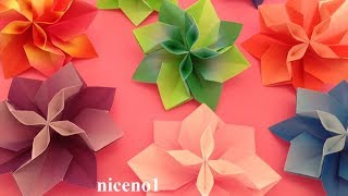 折り紙 花 １枚（立体）の折り方2 Origami flower tutorial （niceno1） [upl. by Tirb]