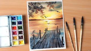 Watercolor painting of sunset evening landscape scenery of riverside step by step [upl. by Lavinia]