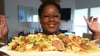 JAMBALAYA ALFREDO PASTA SHRIMP ANDOUILLE SAUSAGE CHICKEN ASMR COOKING SOUNDS [upl. by Neroc]