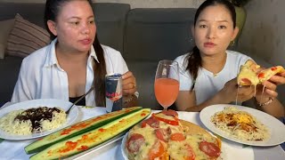 Hot spicy pizza 🍕 black beans cheese noodles mukbang [upl. by Hootman504]