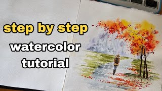 منظره پاییزی ساده با آبرنگ  autumn watercolor tutorial for beginners [upl. by Harilda]