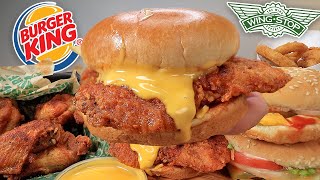 MUKBANG EATING WINGSTOP HOT HONEY FRIED CHICKEN SANDWICH HOT HONEY WINGS BURGER KING WHOPPERS ASMR [upl. by Eiramesor651]