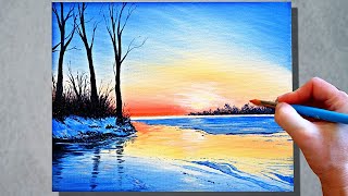 WINTER SUNSET Acrylic Painting Tutorial for Beginners  Easy Winter Landscape Step by Step [upl. by Wrench]