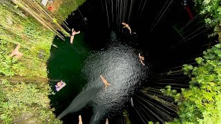 Group Cliff Dive into the Ik Kil Cenote [upl. by Anoirtac]