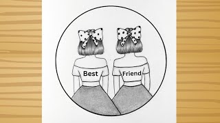 BFF Drawing  Two best friend girl drawing easy drawing for beginners Friendship day drawing  Art [upl. by Tekcirc841]